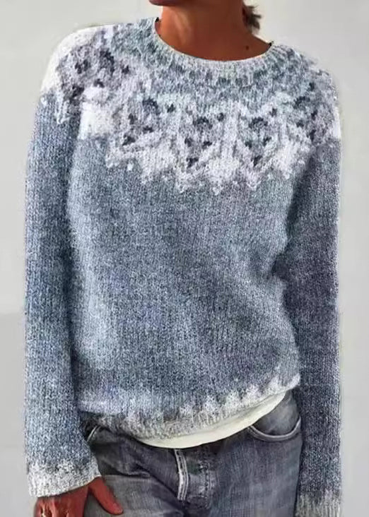 French Blue O Neck Patchwork Knit Sweaters Fall Qa011
