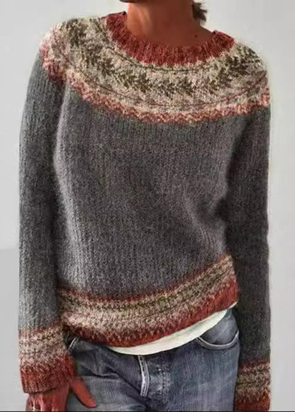 French Blue O Neck Patchwork Knit Sweaters Fall Qa011