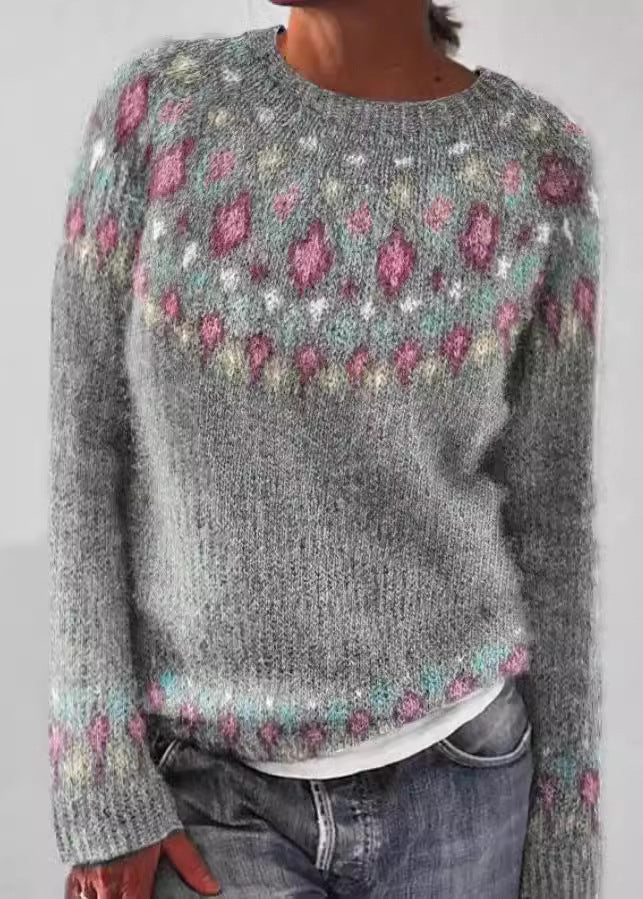 French Blue O Neck Patchwork Knit Sweaters Fall Qa011
