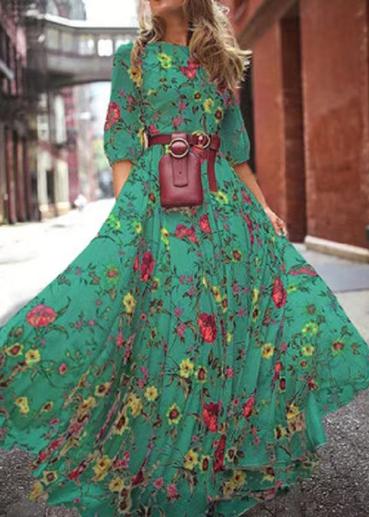 French Blue O-neck Print Chiffon Long Dresses Half Sleeve Ww1045
