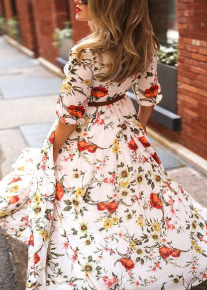 French Blue O-neck Print Chiffon Long Dresses Half Sleeve Ww1045