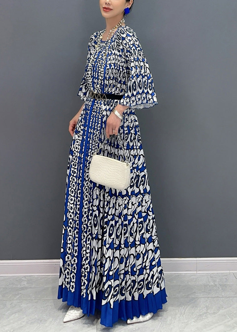 French Blue O Neck Print Wrinkled Long Dress Bracelet Sleeve Ao1004
