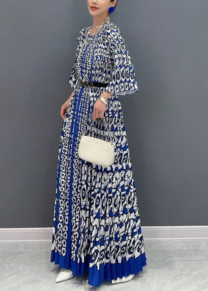 French Blue O Neck Print Wrinkled Long Dress Bracelet Sleeve Ao1004