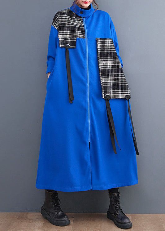 French Blue Peter Pan Collar Plaid Patchwork Zippered Long Trench Coats Spring Ly0649