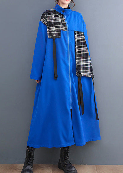 French Blue Peter Pan Collar Plaid Patchwork Zippered Long Trench Coats Ac2073