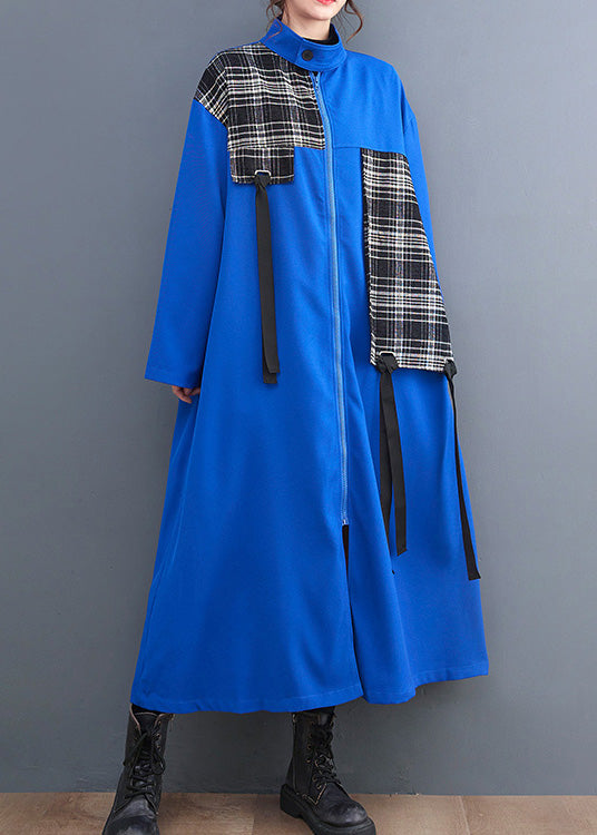 French Blue Peter Pan Collar Plaid Patchwork Zippered Long Trench Coats Ac2073