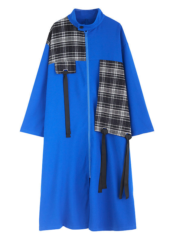 French Blue Peter Pan Collar Plaid Patchwork Zippered Long Trench Coats Ac2073