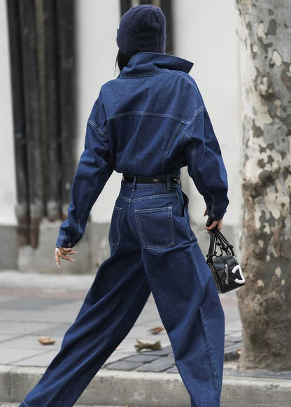 French Blue Peter Pan Collar Pockets Denim Jumpsuit Fall Mn049