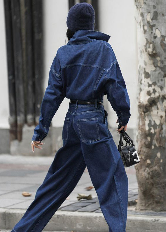 French Blue Peter Pan Collar Pockets Denim Jumpsuit Fall Mn049
