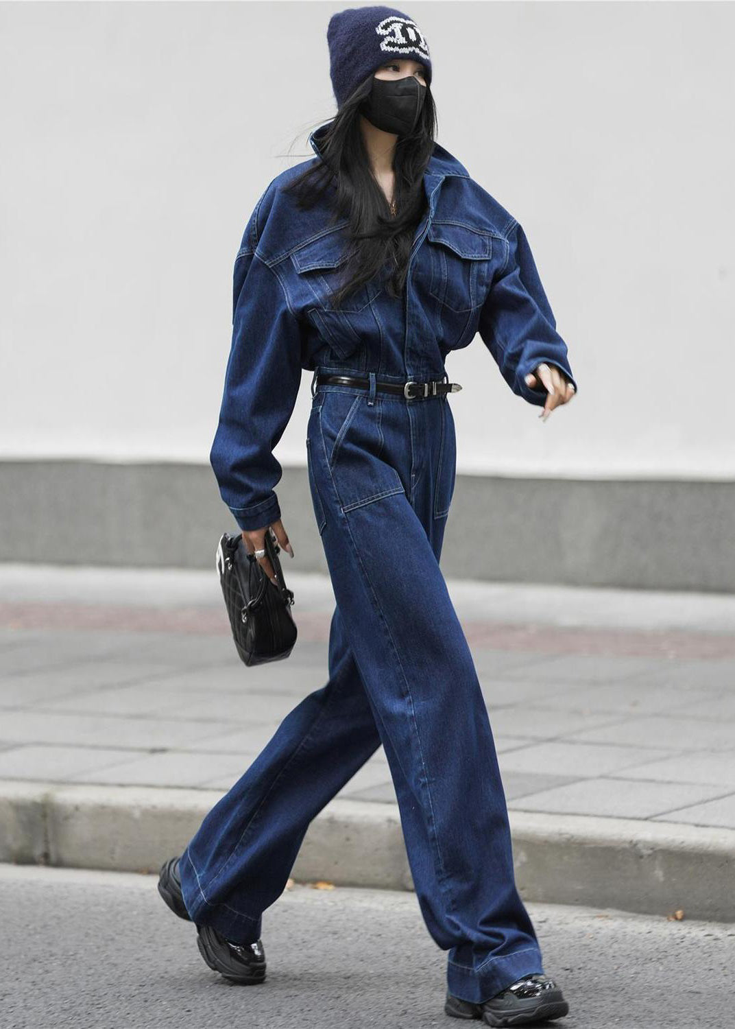 French Blue Peter Pan Collar Pockets Denim Jumpsuit Fall Mn049