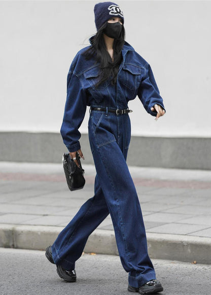 French Blue Peter Pan Collar Pockets Denim Jumpsuit Fall Mn049