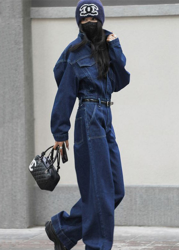 French Blue Peter Pan Collar Pockets Denim Jumpsuit Fall Mn049