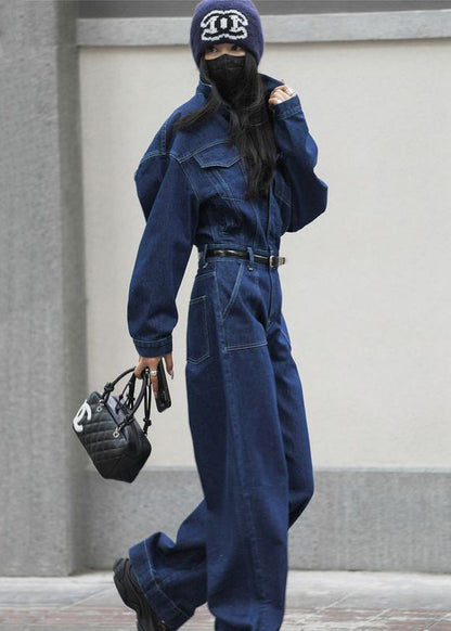 French Blue Peter Pan Collar Pockets Denim Jumpsuit Fall Mn049