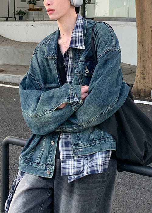 Coats False Two Spring Tc049 Plaid Blue Pieces Denim Patchwork French