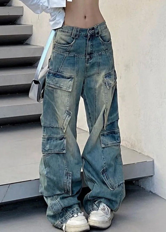 French Blue Pockets Elastic Waist Denim Pants Fall Qf041