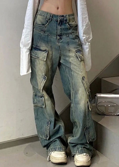 French Blue Pockets Elastic Waist Denim Pants Fall Qf041