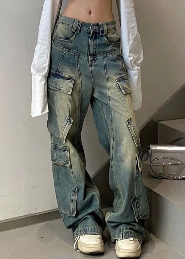 French Blue Pockets Elastic Waist Denim Pants Fall Qf041