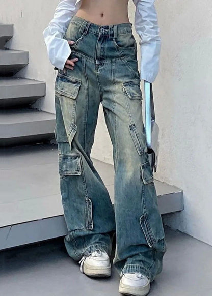 French Blue Pockets Elastic Waist Denim Pants Fall Qf041