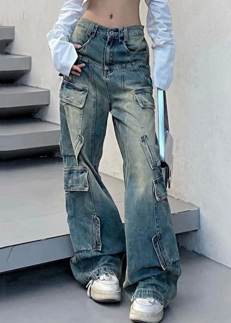 French Blue Pockets Elastic Waist Denim Pants Fall Qf041