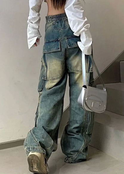 French Blue Pockets Elastic Waist Denim Pants Fall Qf041