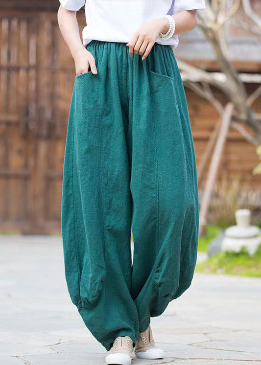 French Blue Pockets Elastic Waist Linen Pants Summer Qe038