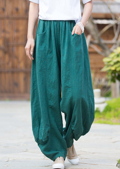 French Blue Pockets Elastic Waist Linen Pants Summer Qe038
