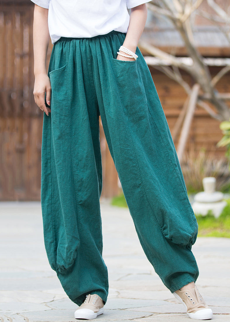 French Blue Pockets Elastic Waist Linen Pants Summer Qe038