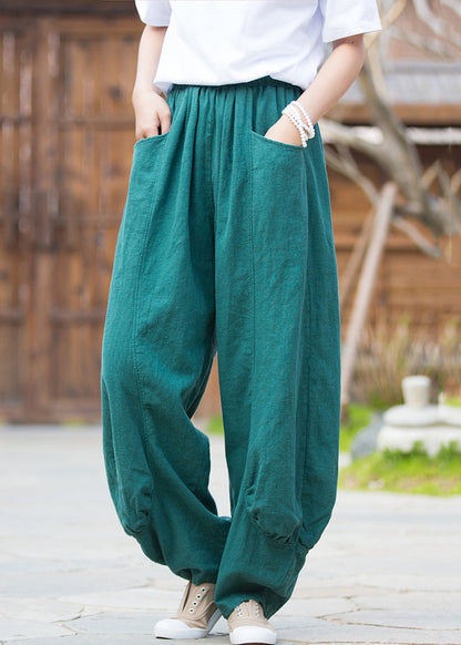 French Blue Pockets Elastic Waist Linen Pants Summer Qe038