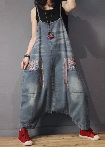 French Blue Pockets High Waist Denim Jumpsuit Sleeveless Mn088