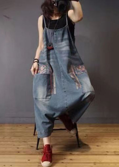 French Blue Pockets High Waist Denim Jumpsuit Sleeveless Mn088
