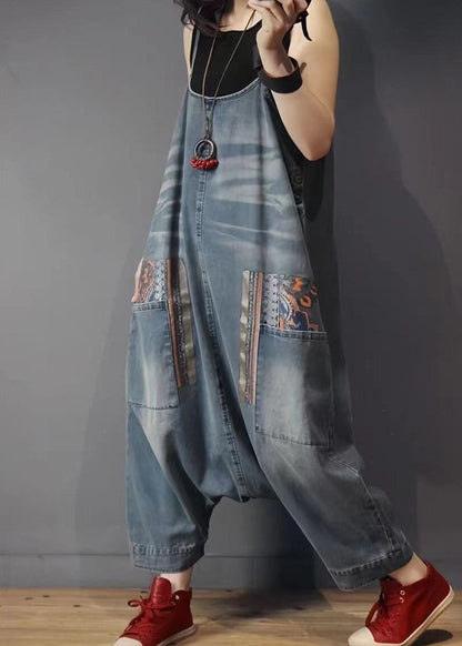 French Blue Pockets High Waist Denim Jumpsuit Sleeveless Mn088