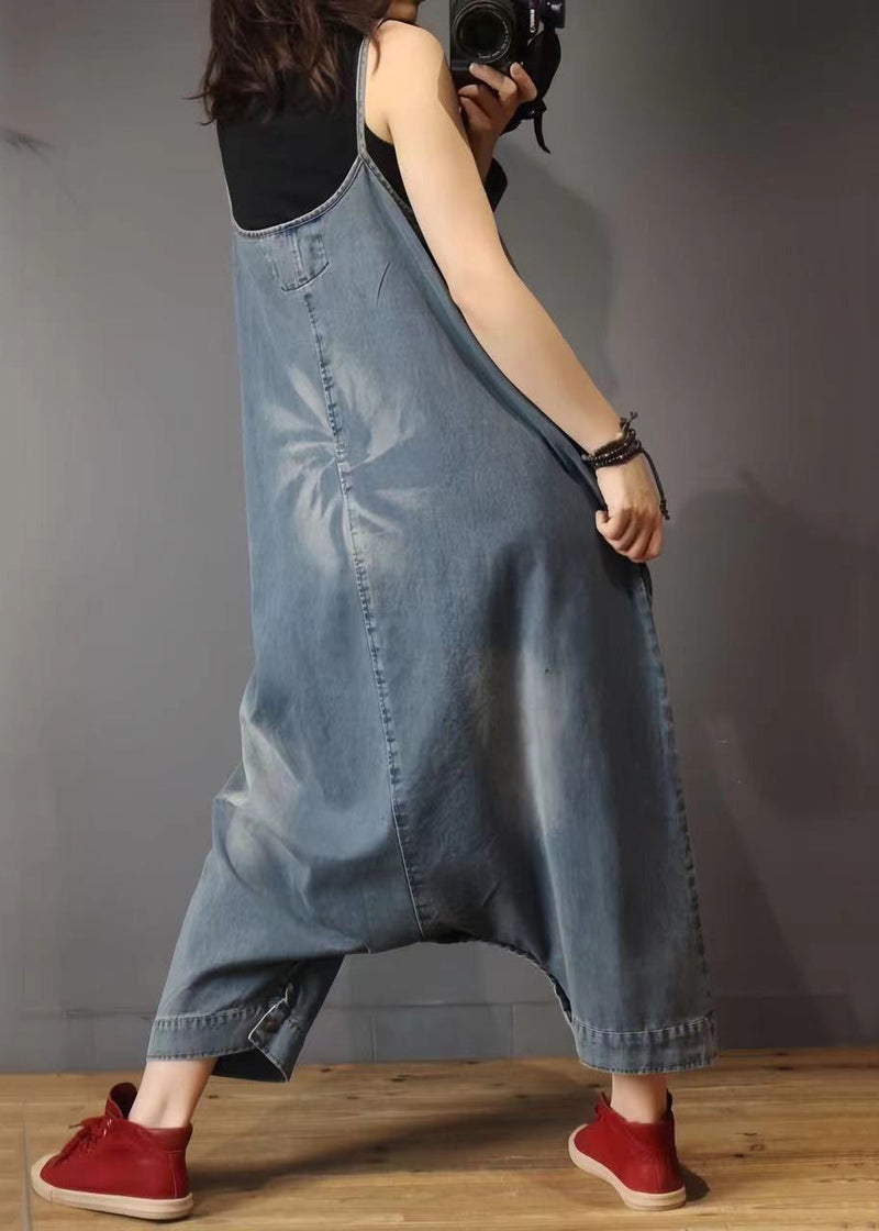 French Blue Pockets High Waist Denim Jumpsuit Sleeveless Mn088
