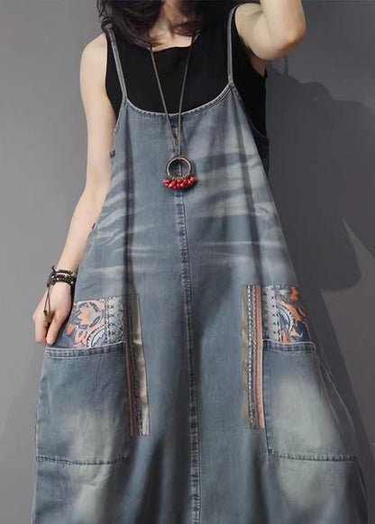 French Blue Pockets High Waist Denim Jumpsuit Sleeveless Mn088