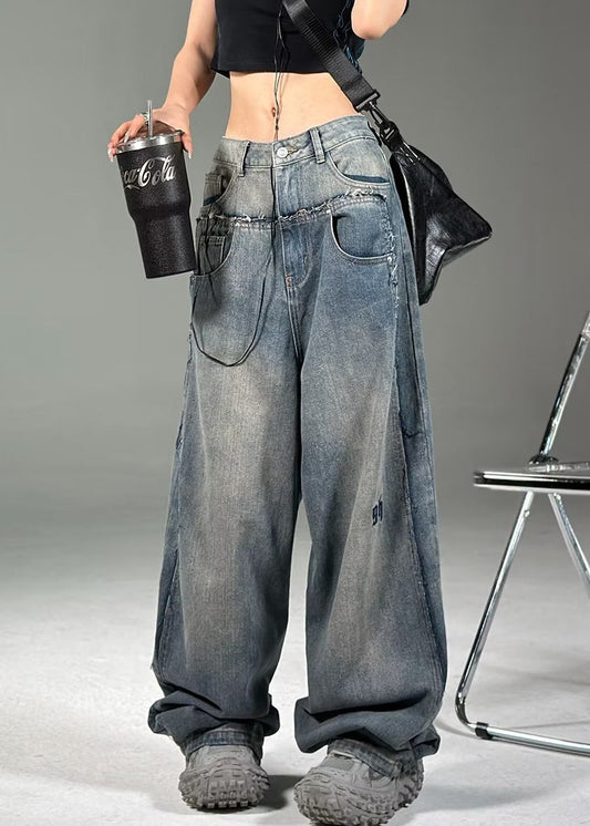 French Blue Pockets High Waist Neutral Denim Pants Summer Pp018