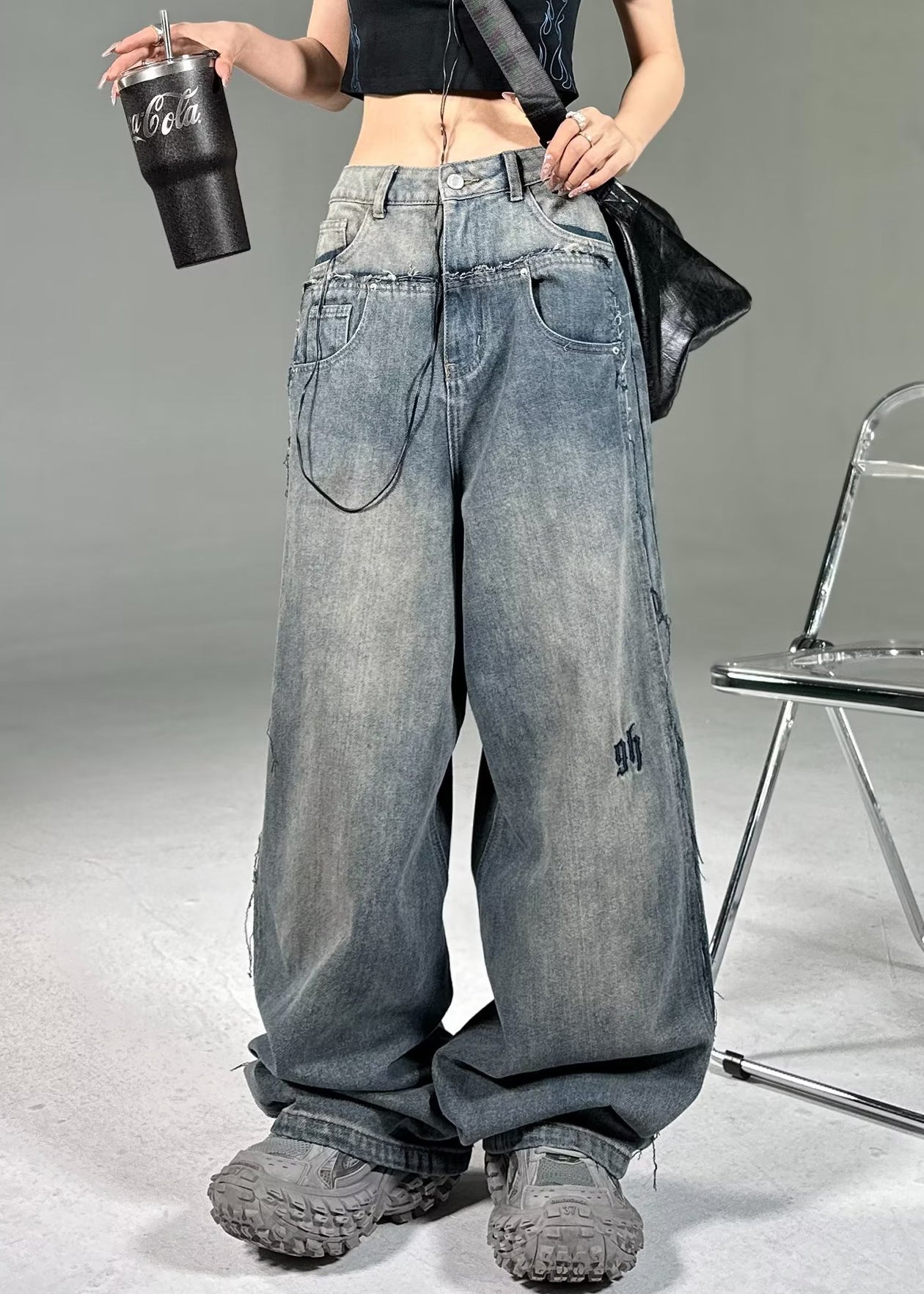 French Blue Pockets High Waist Neutral Denim Pants Summer Pp018