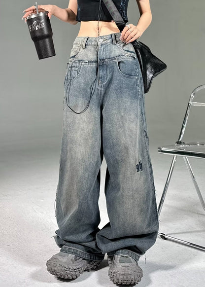 French Blue Pockets High Waist Neutral Denim Pants Summer Pp018
