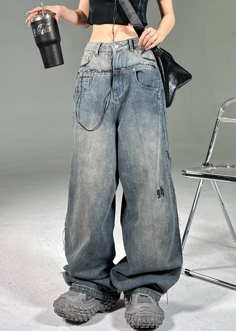 French Blue Pockets High Waist Neutral Denim Pants Summer Pp018