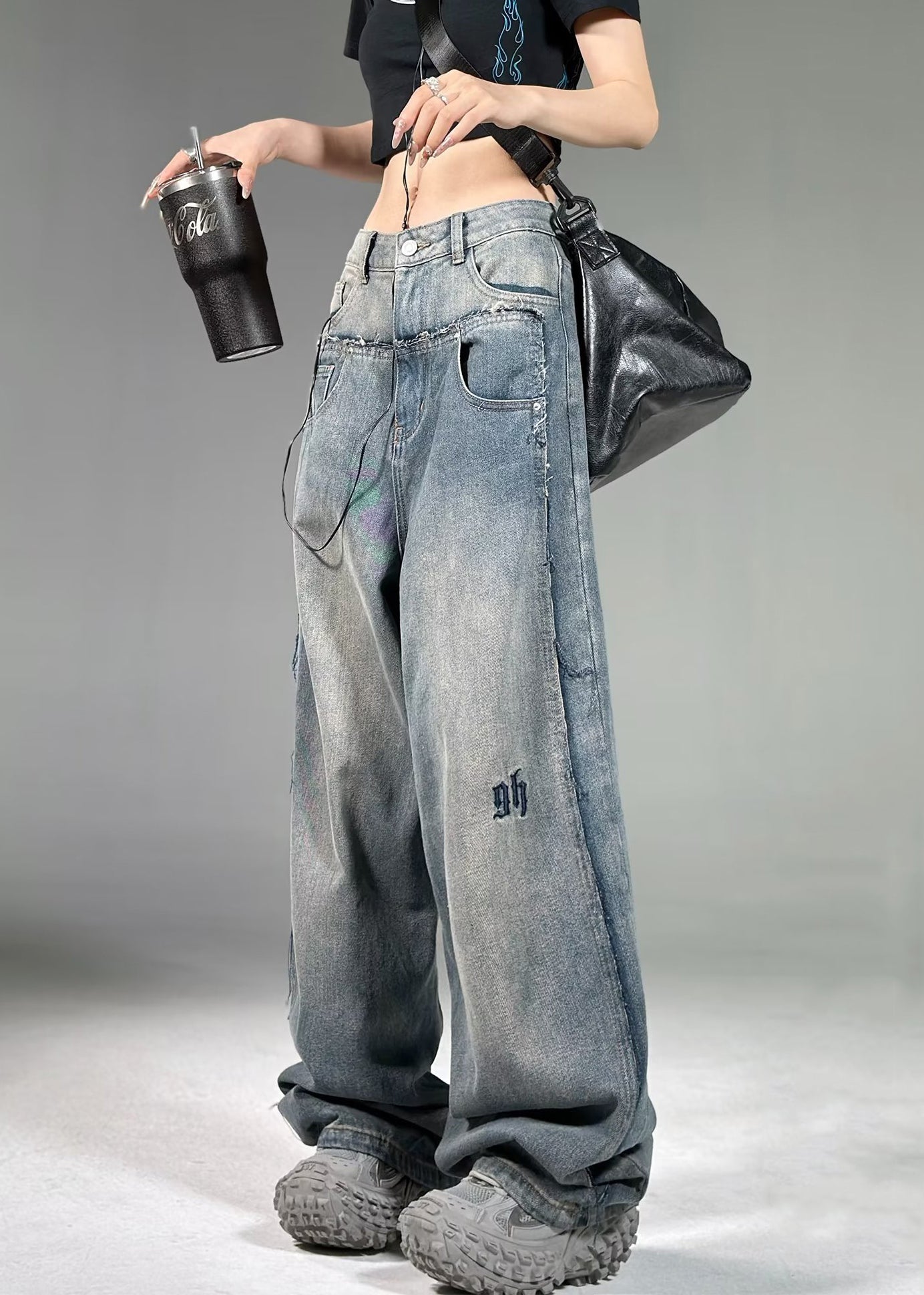French Blue Pockets High Waist Neutral Denim Pants Summer Pp018