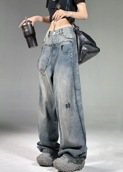 French Blue Pockets High Waist Neutral Denim Pants Summer Pp018