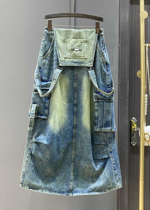 French Blue Pockets Side Open Denim Jumpsuit Sleeveless Kk009