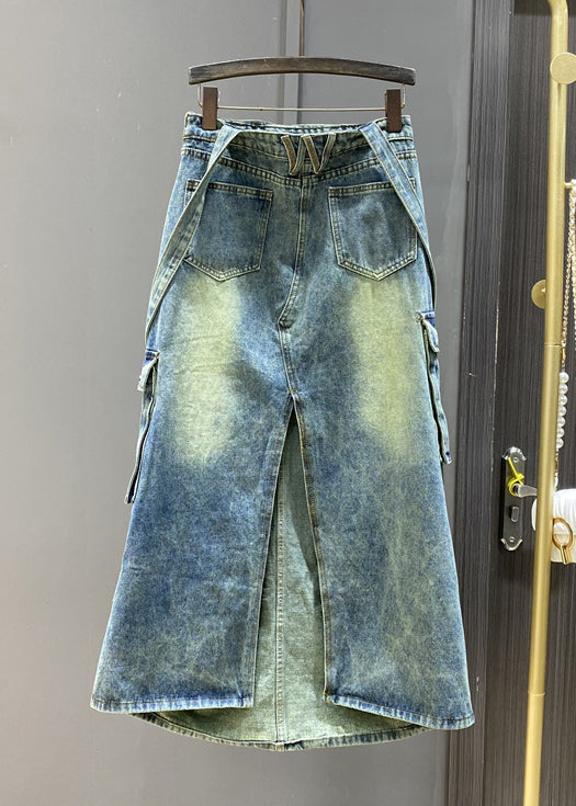 French Blue Pockets Side Open Denim Jumpsuit Sleeveless Kk009