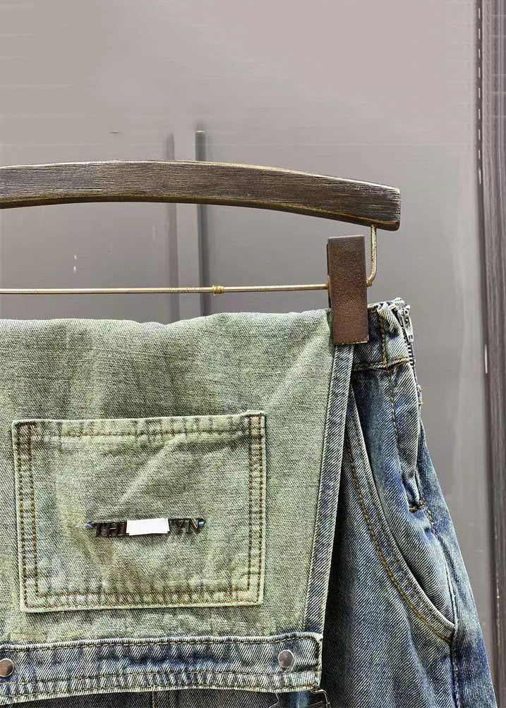 French Blue Pockets Side Open Denim Jumpsuit Sleeveless Kk009