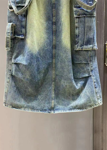 French Blue Pockets Side Open Denim Jumpsuit Sleeveless Kk009