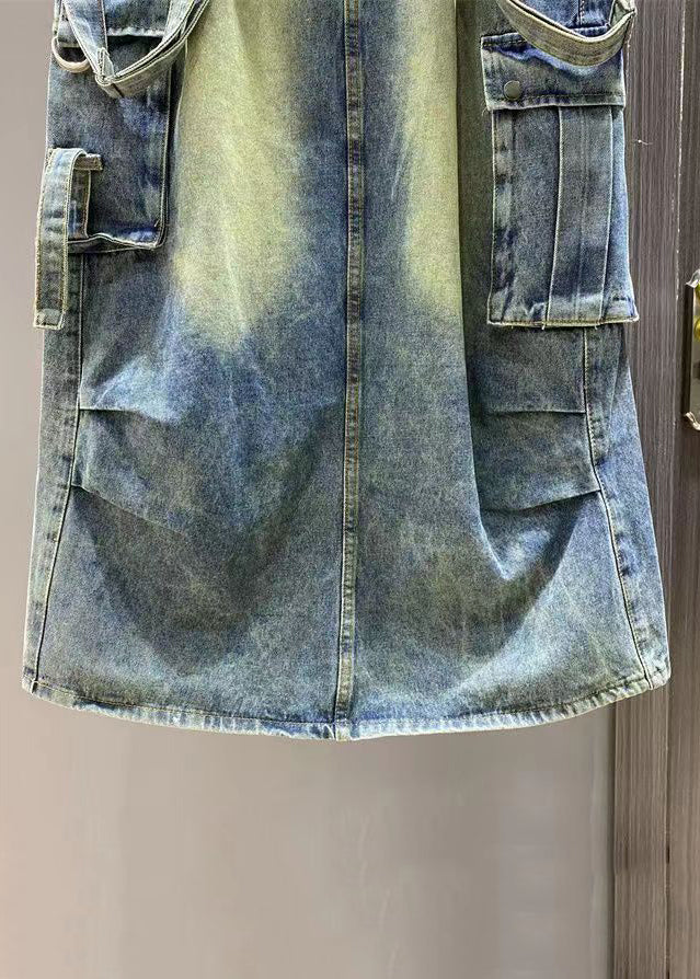 French Blue Pockets Side Open Denim Jumpsuit Sleeveless Kk009