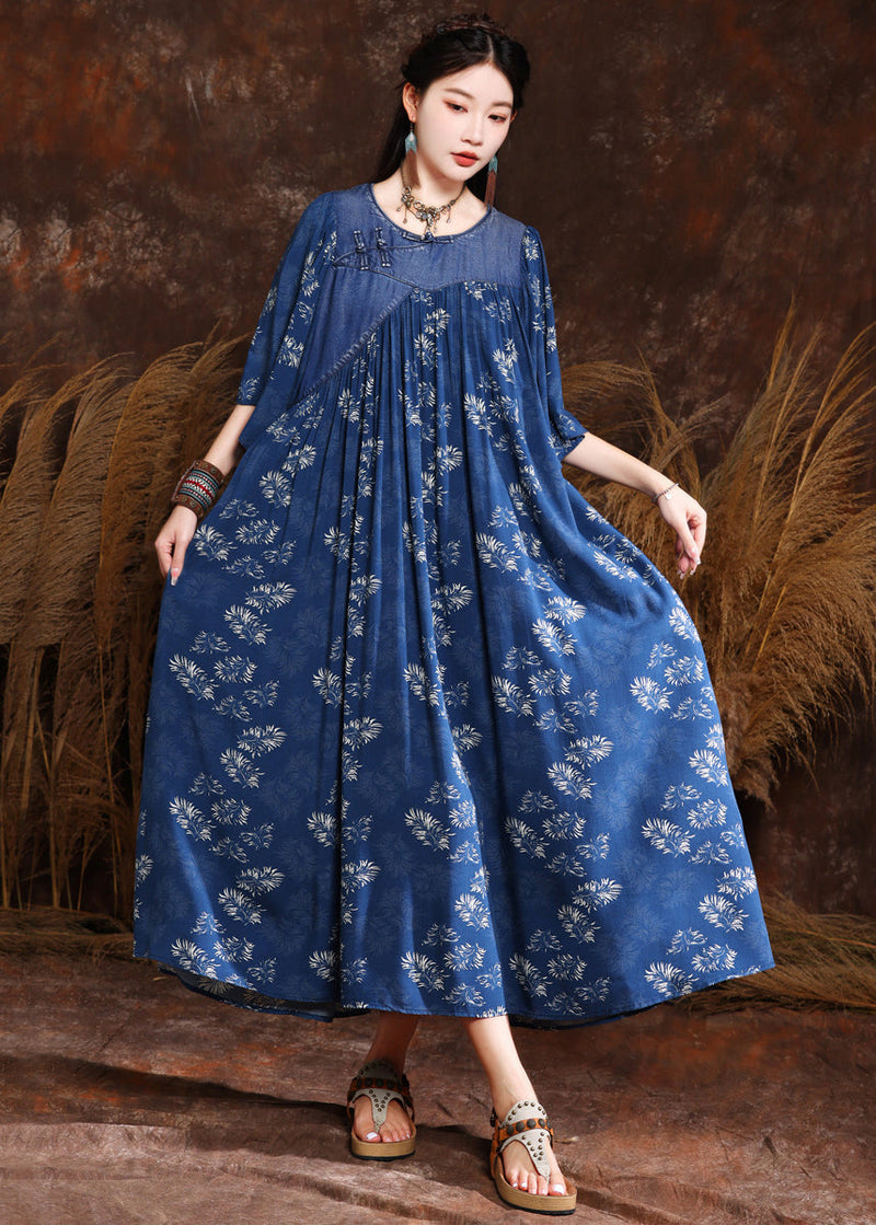 French Blue Print Wrinkled Denim Long Dress Half Sleeve Mn066