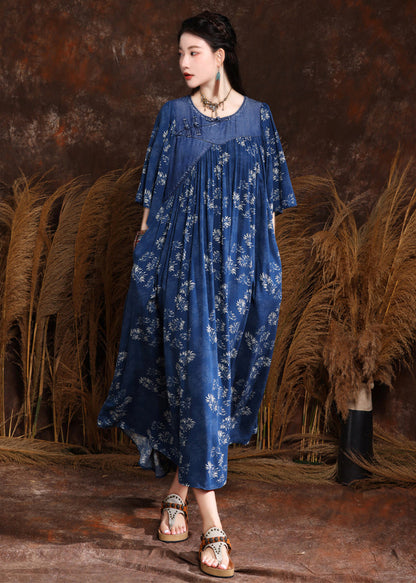 French Blue Print Wrinkled Denim Long Dress Half Sleeve Mn066
