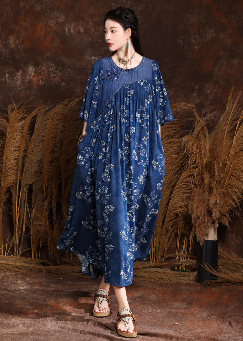 French Blue Print Wrinkled Denim Long Dress Half Sleeve Mn066