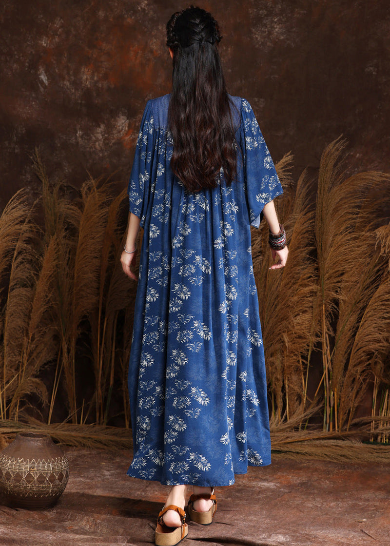 French Blue Print Wrinkled Denim Long Dress Half Sleeve Mn066