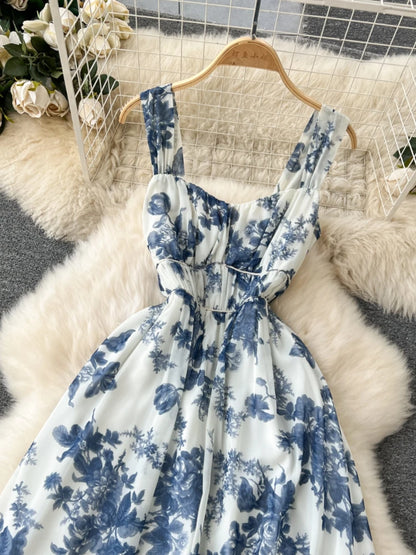 French Blue Printing Beach Long Dress Retro Party Dresses Slim A-line Sleeveless Chiffon Long Robe