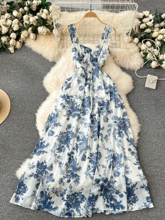 French Blue Printing Beach Long Dress Retro Party Dresses Slim A-line Sleeveless Chiffon Long Robe
